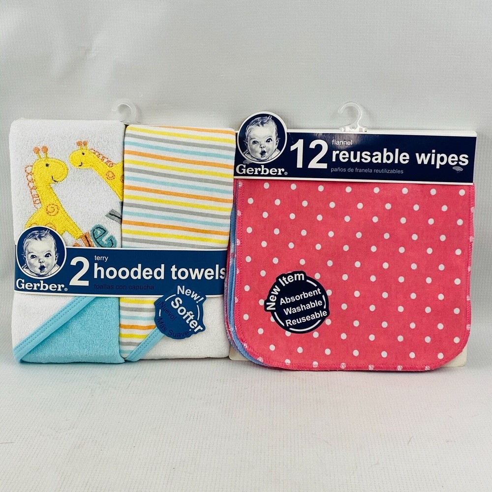 Gerber Baby Terry Hooded Towels & Reusable Flannel Wipes Lot Giraffe Stripes New